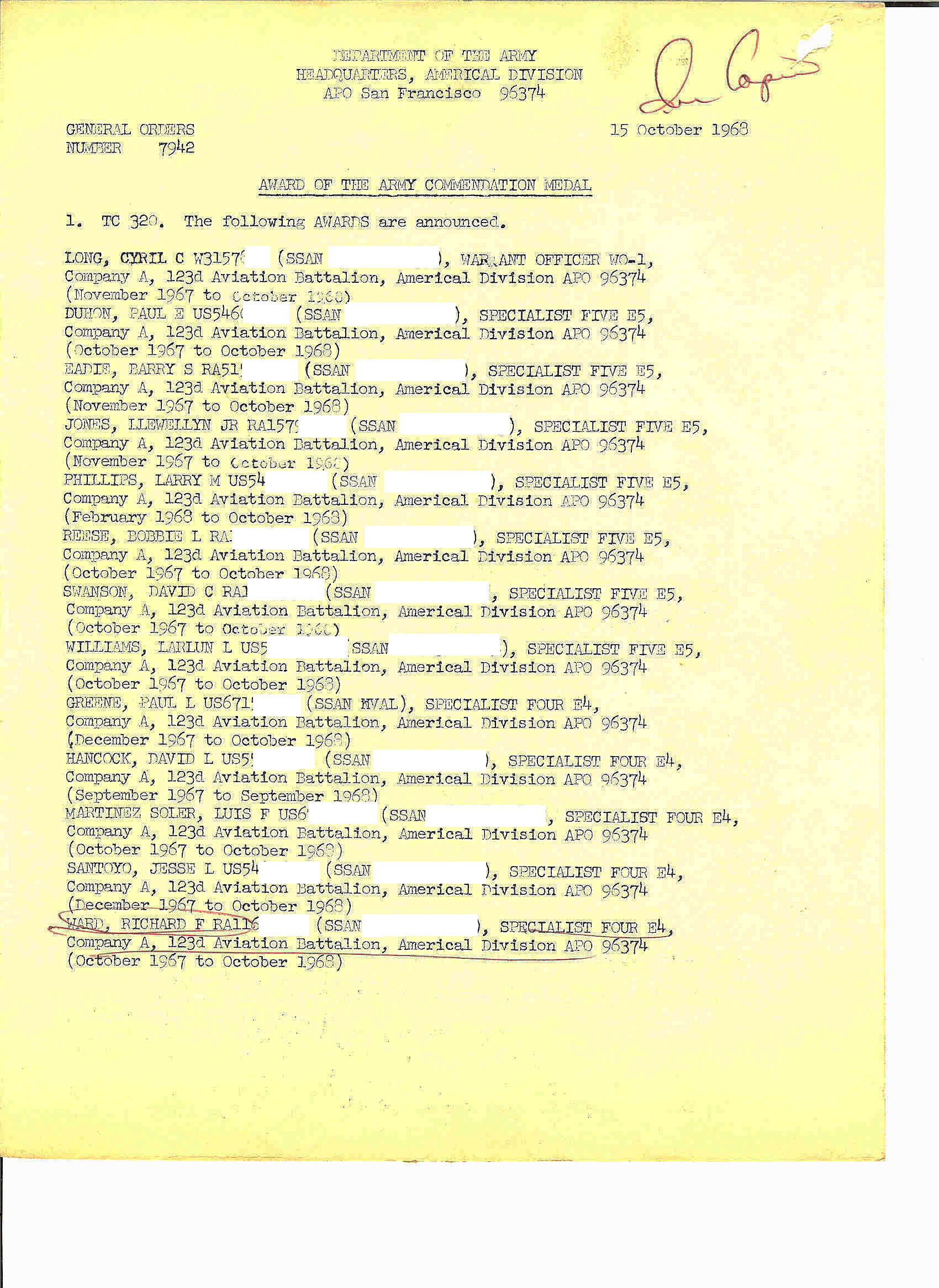 96: Orders awarding the Army Commendation Medal